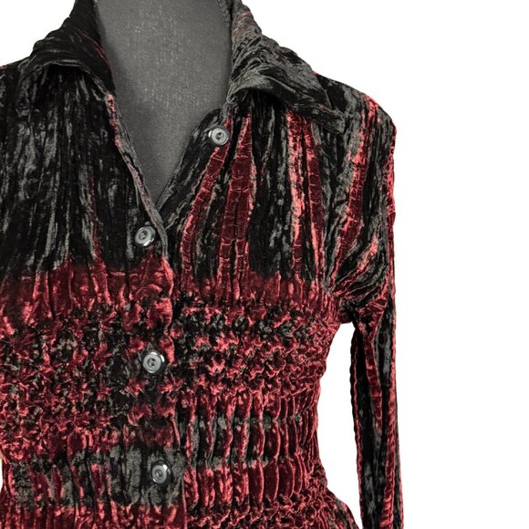 Vintage 90s Crushed Velvet Ruched Top Y2K Whimsigoth Black Red Blouse Stretchy - Picture 2 of 9